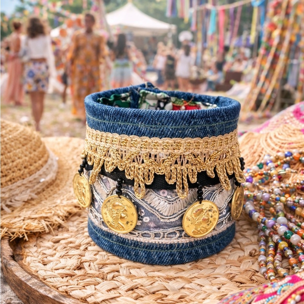 OOAK Upcycled Denim Gold Coin Charm Sequins Cuff Bracelet Boho Lined Signed - Picture 2 of 12